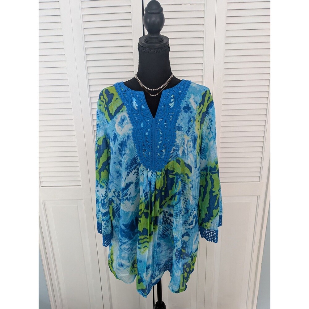 Jones New York Tunic Top Womens L Blue Green Embroidered Abstract ¾ Sleeve Thin